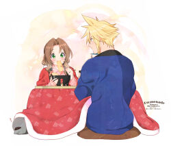 Rule 34 | 1boy, 1girl, aerith gainsborough, alternate costume, artist name, bad id, bad pixiv id, blonde hair, blue robe, blush, bowl, brown hair, chopsticks, cloud strife, collared shirt, dated, eating, final fantasy, final fantasy vii, final fantasy vii remake, full mouth, green eyes, highres, holding, holding bowl, holding chopsticks, kotatsu, krudears, long hair, long sleeves, looking at another, parted bangs, pink shirt, red robe, robe, shirt, short hair, sidelocks, sitting, spiked hair, square enix, table, twitter username, upper body, watercolor background, wavy hair, zzz