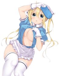 Rule 34 | 1girl, apron, blend s, blonde hair, blue eyes, blue shirt, breasts, collared shirt, cum, cum on body, cum on lower body, gloves, hair between eyes, handheld game console, head scarf, highres, hinata kaho, large breasts, long hair, looking at viewer, minase shuu, navel, no bra, open clothes, open mouth, open shirt, puffy short sleeves, puffy sleeves, shirt, short sleeves, solo, stile uniform, tearing up, thighhighs, thighs, twintails, very long hair, waist apron, waitress, white apron, white gloves, white thighhighs
