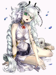 Rule 34 | 1girl, anklet, arm support, bracelet, braid, breasts, colored eyelashes, duel monster, full body, green eyes, grey background, highres, jewelry, long hair, looking at viewer, medium breasts, open mouth, sitting, skull, solo, tattoo, traptrix genlisea, twin braids, very long hair, white hair, yokozuwari, yu-gi-oh!, yukitaka (zzzzz)