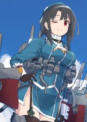 Rule 34 | 1girl, adapted turret, ascot, beret, black gloves, black hair, black thighhighs, blue hat, blush, breasts, cannon, cloud, cloudy sky, day, garter straps, gloves, hand on own hip, hat, highres, kantai collection, large breasts, looking at viewer, machinery, military, military uniform, minosu, one eye closed, red eyes, rigging, short hair, skirt, sky, smile, solo, takao (kancolle), thighhighs, turret, uniform