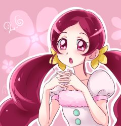 Rule 34 | 10s, 1girl, :o, blush, chocokin, hanasaki tsubomi, heartcatch precure!, interlocked fingers, long hair, looking at viewer, pink background, pink eyes, pink hair, precure, puffy sleeves, shirt, solo, twintails, upper body, white shirt