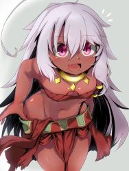 Rule 34 | 1girl, ahoge, bandeau, breasts, clothes pull, dark-skinned female, dark skin, fang, highres, jewelry, leaning forward, long hair, miniskirt, navel, necklace, ocha no mae, open mouth, original, pink eyes, pulled by self, red skirt, silver hair, skirt, skirt pull, small breasts, smile, solo, thighs, undressing