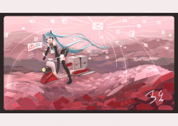 Rule 34 | 1girl, 39, absurdres, aqua eyes, aqua hair, aqua necktie, bare shoulders, belt, black gloves, black skirt, black thighhighs, boots, chinese text, commentary, elbow gloves, english text, envelope, error message, german text, gloves, grey shirt, hair ornament, hatsune miku, headphones, headset, highres, holographic interface, hover vehicle, huge filesize, icon (computing), italian text, long hair, looking at viewer, miniskirt, moko39 takasora, necktie, open mouth, package, pink background, pleated skirt, riding machine, russian text, scenery, shirt, shoulder tattoo, sign, skindentation, skirt, sleeveless, sleeveless shirt, smile, solo, standing, tattoo, thank you, thigh boots, thighhighs, twintails, very long hair, virtual reality, vocaloid, warning sign, wide shot, zettai ryouiki