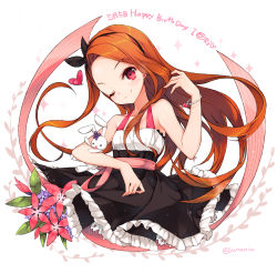 Rule 34 | 1girl, ;), arm up, artist name, bare arms, bare shoulders, black dress, black ribbon, character name, closed mouth, collarbone, dress, ear visible through hair, earrings, ears visible through hair, eyebrows, flower, hair ribbon, hairband, happy birthday, head tilt, holding, idolmaster, idolmaster (classic), jewelry, juna, leaf, long hair, looking at viewer, minase iori, necklace, one eye closed, orange hair, pearl necklace, red eyes, red flower, ribbon, sash, sleeveless, sleeveless dress, smile, solo, sparkle, stud earrings, stuffed animal, stuffed rabbit, stuffed toy, upper body, very long hair