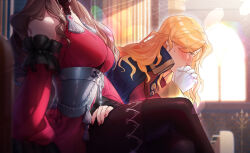 Rule 34 | 1girl, black pantyhose, black skirt, blonde hair, blurry, blurry background, blush, brown eyes, crossed legs, detached sleeves, dorothea arnault, dress, ferdinand von aegir, fire emblem, fire emblem: three houses, floof n wool, gloves, head out of frame, highres, indoors, leaning forward, long hair, long sleeves, miniskirt, nail polish, nintendo, own hands together, pantyhose, profile, red dress, red nails, red sleeves, short dress, skirt, sleeveless, sleeveless dress, solo, sunlight, white gloves