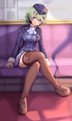 Rule 34 | 1girl, ascot, blue ascot, blue hat, boots, breasts, brown footwear, commentary request, couch, eiyuu densetsu, eyelashes, full body, garrison cap, green hair, hair between eyes, hair ornament, hairclip, hat, highres, indoors, large breasts, looking at viewer, marutae, musse egret, on couch, pleated skirt, purple eyes, sen no kiseki, sen no kiseki iii, shadow, short hair, sitting, skirt, smile, solo, thigh boots, thors military academy branch campus uniform