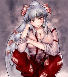 Rule 34 | 1girl, alternate breast size, belt, bow, breast press, breasts, buttons, cleavage, closed mouth, collarbone, collared shirt, covered erect nipples, dirty, dirty clothes, dirty face, envenomist (gengoroumaru), feet out of frame, fujiwara no mokou, grey hair, hair bow, hand on own cheek, hand on own face, hand up, head tilt, highres, large breasts, long hair, long sleeves, looking at viewer, nipples, no bra, ofuda, ofuda on clothes, open belt, open clothes, open fly, open pants, pants, plunging neckline, red eyes, red pants, see-through, see-through shirt, shirt, skindentation, smile, smoke, solo, squatting, suspenders, suspenders slip, touhou, unaligned breasts, very long hair, wet, wet clothes, wet face, wet pants, wet shirt, white shirt, wing collar