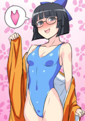 Rule 34 | 1girl, black eyes, black hair, blue bow, blue leotard, blue one-piece swimsuit, bow, breasts, character request, copyright request, cowboy shot, floral background, gradient background, hai (h81908190), hair bow, highleg, highleg leotard, highleg swimsuit, japanese clothes, kimono, leotard, leotard under clothes, one-piece swimsuit, open clothes, orange kimono, short hair, small breasts, solo, standing, swimsuit, swimsuit under clothes