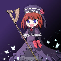 Rule 34 | 1girl, :d, blue eyes, bug, butterfly, capelet, dress, elbow gloves, eva beatrice, fang, flower, gloves, hat, hat flower, holding, holding staff, insect, iwako (pixiv1786128), lowres, open mouth, orange hair, purple capelet, purple dress, red flower, red ribbon, red rose, ribbon, rose, short hair, smile, solo, staff, umineko no naku koro ni