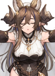 Rule 34 | 1girl, animal ears, bad id, bad pixiv id, bare shoulders, black dress, black thighhighs, blush, breasts, brown hair, closed eyes, detached sleeves, dress, extra ears, galleon (granblue fantasy), granblue fantasy, highres, horns, koretsuki azuma, large breasts, long hair, long sleeves, open mouth, pointy ears, revision, solo, thighhighs, very long hair