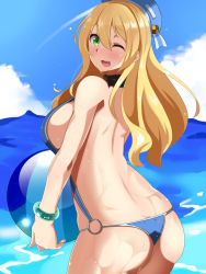 Rule 34 | 10s, 1girl, ass, atago (kancolle), bad id, bad pixiv id, ball, beachball, bikini, blonde hair, breasts, butt crack, cloud, day, green eyes, highres, image sample, kantai collection, large breasts, looking at viewer, looking back, ocean, one eye closed, sideboob, sky, slingshot swimsuit, solo, swimsuit, thong bikini, uni mmtab, water