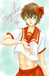 Rule 34 | 1boy, bow, brown hair, character name, code geass, crop top, crop top overhang, crossdressing, hair between eyes, hair bow, looking at viewer, looking to the side, male focus, navel, neckerchief, open mouth, parted lips, pink neckerchief, pleated skirt, red bow, red sailor collar, red skirt, sailor collar, school uniform, serafuku, shirt, short hair, short sleeves, sketch, skirt, sleeve cuffs, solo, stomach, suzako, toned, toned male, trap, upper body, wavy hair, white shirt