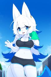 Rule 34 | 1girl, absurdres, ahoge, android, animal ears, animal hands, animal nose, bare shoulders, black shorts, blue background, blue eyes, blue hair, blue sky, blue trim, blush, body fur, breasts, bright pupils, claws, cleavage, cloud, collarbone, cowboy shot, day, dev voxy, dolphin shorts, earrings, female focus, fox ears, fox girl, fox tail, furry, furry female, gradient background, gradient sky, hair ornament, hairclip, hands up, happy, highres, holding cloth, hot, jewelry, joints, large breasts, light blush, long hair, looking at viewer, midriff, multicolored hair, multiple earrings, navel, open mouth, original, outdoors, short shorts, shorts, side slit, sidelocks, sky, smile, solo, sports bra, standing, stomach, sweat, tail, thighs, two-tone hair, two-tone sports bra, waving, white fur, white hair, white pupils