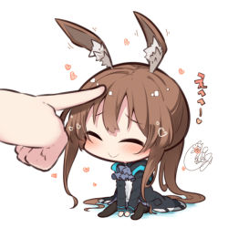 Rule 34 | 1girl, ^ ^, amiya (arknights), animal ear fluff, animal ears, arknights, ascot, beni shake, black jacket, blue ascot, blush, brown hair, chibi, closed eyes, closed mouth, colored shadow, commentary request, headpat, heart, jacket, long hair, mini person, minigirl, no shoes, open clothes, open jacket, pantyhose, ponytail, rabbit ears, shadow, shirt, signature, simple background, sitting, smile, solo focus, translated, very long hair, white background, white shirt