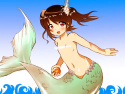 Rule 34 | 10s, 1girl, black hair, blue sky, blush, censored, censored nipples, flat chest, hair ornament, holding, kiyu mastern, looking at viewer, love live!, love live! school idol project, medium hair, mermaid, monster girl, navel, nipples, open mouth, pointless censoring, red eyes, red hair, scales, sky, solo, topless, transparent censoring, twintails, water, yazawa nico