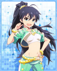Rule 34 | &gt;:d, 10s, 1girl, :d, aqua eyes, belt, black hair, blue background, bracelet, fang, female focus, ganaha hibiki, hand on own hip, idolmaster, idolmaster (classic), idolmaster million live!, jewelry, kawakami tetsuya, long hair, looking at viewer, lots of jewelry, midriff, navel, official art, open mouth, pointing, pointing at self, ponytail, smile, solo, v-shaped eyebrows