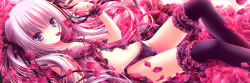 Rule 34 | 1girl, absurdres, aqua eyes, black thighhighs, bra, copyright request, flat chest, flower, frilled panties, frills, groin, hair ribbon, highres, image sample, legs, lingerie, long image, lying, mouth hold, navel, on back, panties, petals, pink flower, pink rose, ribbon, rose, silver hair, solo, thighhighs, tinker bell (pixiv 10956015), twintails, underwear, wide image, wristband