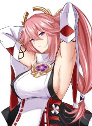 Rule 34 | 1girl, armpits, arms up, bare shoulders, breasts, commentary, detached sleeves, genshin impact, head tilt, highres, large breasts, long hair, nontraditional miko, pink hair, purple eyes, shirt, simple background, sleeveless, sleeveless shirt, solo, upper body, very long hair, watarase piro, white background, white shirt, yae miko