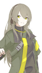 Rule 34 | 1girl, absurdres, black ribbon, bodysuit, breasts, ff frbb122, girls&#039; frontline, green eyes, green jacket, grey hair, hair ribbon, hairband, hand on back, highres, jacket, long hair, looking at viewer, open clothes, open jacket, ribbon, smile, solo, standing, ump40 (girls&#039; frontline), white background