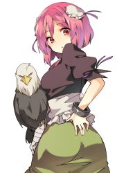 Rule 34 | 1girl, :o, ass, bad id, bad twitter id, bandages, bandaged arm, bandages, bird, bun cover, chain, cuffs, double bun, eagle, flower, from behind, green skirt, hair bun, hasebe yuusaku, ibaraki kasen, looking at viewer, looking back, parted lips, pink eyes, pink flower, pink hair, pink rose, puffy short sleeves, puffy sleeves, rose, shackles, short hair, short sleeves, skirt, touhou