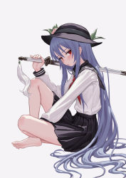 Rule 34 | 1girl, alternate costume, bare legs, barefoot, between legs, black hat, black skirt, blue hair, blush, closed mouth, expressionless, fkey, food, from side, fruit, full body, grey background, hand between legs, hat, highres, hinanawi tenshi, holding, holding sword, holding weapon, indian style, knees up, leaf, long hair, long sleeves, looking at viewer, looking to the side, medium skirt, neckerchief, no legwear, peach, pleated skirt, red eyes, red neckerchief, school uniform, serafuku, simple background, sitting, skirt, solo, sword, tassel, touhou, tsurime, very long hair, weapon