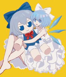 Rule 34 | 1girl, absurdres, alternate costume, bare legs, bare shoulders, barefoot, blue bow, blue dress, blue eyes, blue hair, bow, bowtie, character doll, cirno, collarbone, detached wings, dress, full body, fumo (doll), hair bow, highres, hugging doll, hugging object, looking at viewer, pinafore dress, puffy short sleeves, puffy sleeves, red bow, red bowtie, shirt, shocho (shaojiujiu), short sleeves, simple background, sleeveless, sleeveless dress, solo, touhou, white bow, white dress, white shirt, wings, yellow background