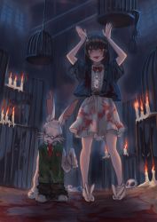 Rule 34 | 1girl, absurdres, animal ears, bad id, bad pixiv id, bare arms, black hair, blood, blood on clothes, blue jacket, blush, boots, rabbit hair ornament, cage, candle, commentary request, dark, from below, glasses, hair ornament, highres, jacket, long sleeves, looking at viewer, medium hair, original, prisoner, rabbit, rabbit ears, red neckwear, shirt, short sleeves, skeleton, skirt, sleeves past fingers, sleeves past wrists, standing, tongue, tongue out, white footwear, white shirt, white skirt, yorishiem