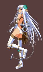 Rule 34 | 1girl, ano hito, ass, backless leotard, brown background, brown eyes, chain, commentary request, elbow gloves, eyepatch, flat ass, full body, gauntlets, gloves, leotard, long hair, original, single gauntlet, solo, thighhighs, very long hair, white gloves, white hair, white leotard, winding key
