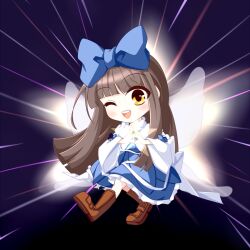 Rule 34 | 1girl, ;d, backlighting, blue bow, blue dress, blunt bangs, blush, boots, bow, brown hair, chibi, commentary request, dark background, dress, fairy wings, full body, hair bow, long hair, long sleeves, muumuu (sirufuruteienn), one eye closed, open mouth, own hands together, simple background, smile, solo, star sapphire, teeth, touhou, upper teeth only, wide sleeves, wings