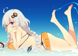 Rule 34 | 1girl, ahoge, bandeau, bikini, blue eyes, braid, head rest, kizuna akari, looking at viewer, lying, on bed, on stomach, petenshi (dr. vermilion), smile, solo, swimsuit, twin braids, vocaloid, voiceroid, white hair