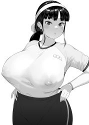 Rule 34 | 1girl, blush, breasts, chestnut mouth, covered erect nipples, dot nose, female focus, hakai shin, hand on own hip, headband, huge breasts, japanese text, large breasts, long hair, looking at viewer, mole, mole under eye, monochrome, ponytail, see-through, see-through shirt, solo, standing, trousers, white background