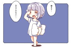 Rule 34 | 1girl, barefoot, blue background, blush stickers, carrying, carrying under arm, closed eyes, grey hair, hair flaps, hair intakes, hand up, idolmaster, idolmaster cinderella girls, idolmaster cinderella girls starlight stage, koshimizu sachiko, open mouth, pillow, rubbing eyes, shadow, shirt, short sleeves, solo, standing, translation request, two-tone background, walking, white background, white shirt, yukie (kusaka shi)
