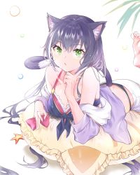 Rule 34 | 1girl, animal ear fluff, animal ears, bare shoulders, bikini, bikini under clothes, black bikini, black hair, blush, breasts, cat ears, cat girl, cat tail, cleavage, commentary request, cpqm, fingernails, frilled innertube, frills, hair between eyes, highres, innertube, jacket, karyl (princess connect!), karyl (summer) (princess connect!), leg up, long hair, long sleeves, lying, medium breasts, multicolored hair, off shoulder, on stomach, open clothes, open jacket, parted lips, princess connect!, purple jacket, red eyes, short shorts, shorts, soles, solo, starfish, streaked hair, swim ring, swimsuit, tail, toenails, very long hair, white background, white hair, white shorts