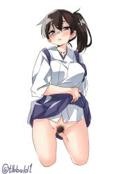 Rule 34 | 10s, 1girl, bad id, bad twitter id, blush, brown eyes, brown hair, cowboy shot, cropped legs, ebifurya, female pubic hair, gluteal fold, groin, hair between eyes, hakama, hakama short skirt, hakama skirt, highres, inactive account, japanese clothes, kaga (kancolle), kantai collection, lifted by self, looking at viewer, no panties, open mouth, pubic hair, shaded face, side ponytail, simple background, skirt, solo, twitter username, white background
