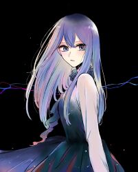 Rule 34 | 1girl, black background, blue dress, blue eyes, blue hair, breasts, commentary, double-parted bangs, dress, english commentary, floating hair, frilled shirt collar, frills, from side, gradient hair, highres, kurokawa akane, long hair, long sleeves, looking at viewer, looking to the side, multicolored hair, nara (menosora), oshi no ko, parted lips, sidelocks, small breasts, solo, upper body