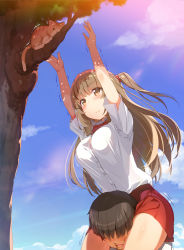 Rule 34 | 1boy, 1girl, abarerumidori, arms up, between thighs, blue sky, blush, breasts, brown eyes, brown hair, button gap, carrying, carrying over shoulder, cat, day, faceless, faceless male, girl on top, large breasts, light brown hair, long hair, original, outstretched arms, reaching, reaching towards viewer, scared, school uniform, short sleeves, skirt, sky, thighs, tree, trembling