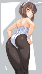 Rule 34 | 10s, 1girl, animal ears, ass, back, backless leotard, bare arms, bare shoulders, black pantyhose, brown hair, fake animal ears, highres, ipuu (el-ane koubou), kantai collection, leotard, looking at viewer, looking back, pantyhose, playboy bunny, rabbit ears, solo, taihou (kancolle), wrist cuffs, yellow eyes