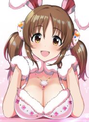 Rule 34 | 1girl, :d, animal ears, bare shoulders, blush, breasts, brown eyes, brown hair, cleavage, crop top, dot nose, dress, fake animal ears, gloves, gradient background, hair ornament, hair scrunchie, head rest, heart, heart necklace, highres, idolmaster, idolmaster cinderella girls, idolmaster cinderella girls starlight stage, jewelry, large breasts, long hair, looking at viewer, mittens, natsuya (natuya777), necklace, open mouth, pink background, rabbit ears, scrunchie, simple background, smile, solo, totoki airi, twintails, white dress