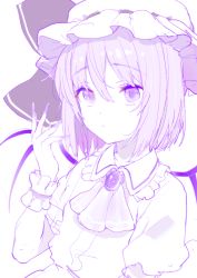 Rule 34 | 1girl, ascot, azuse neko, bow, closed mouth, commentary request, fingernails, frills, hair between eyes, hat, hat bow, long fingernails, mob cap, monochrome, purple theme, remilia scarlet, short hair, short sleeves, simple background, sketch, solo, touhou, upper body, wings