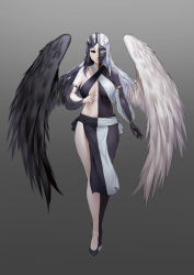 Rule 34 | 1girl, absurdres, armlet, asymmetrical hair, asymmetrical wings, black eyes, black hair, black skin, colored eyelashes, colored skin, commentary, commission, english commentary, exv, feathered wings, full body, gradient background, grey background, heterochromia, highres, long hair, mismatched sclera, multicolored hair, multicolored skin, original, pale skin, parted bangs, pelvic curtain, second-party source, see-through, solo, split theme, two-tone hair, white eyes, white hair, wings