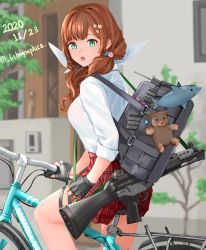 Rule 34 | 1girl, absurdres, assault rifle, bag, bag charm, bicycle, black gloves, breasts, brown hair, charm (object), dated, fingerless gloves, girls&#039; frontline, gloves, green eyes, gun, hair ornament, highres, howa type 89, howa type 89 (girls&#039; frontline), lithographica, long hair, open mouth, outdoors, plaid, plaid skirt, riding, riding bicycle, rifle, shirt, shoulder bag, skirt, solo, twitter username, weapon, white skirt