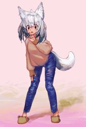 Rule 34 | 1girl, absurdres, animal ears, blush, darandy, denim, female focus, fox ears, fox tail, highres, jeans, leaning forward, open mouth, original, pants, silver hair, slippers, solo, sweater, tail