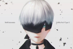 Rule 34 | 1boy, bad id, bad pixiv id, black choker, black jacket, blindfold, blue eyes, character name, choker, commentary request, highres, jacket, looking at viewer, male focus, nier:automata, nier (series), one eye covered, short hair, silver hair, solo, sua075, torn blindfold, 9s (nier:automata)