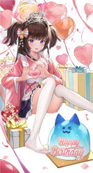 Rule 34 | 1girl, balloon, bell, blue archive, blue skirt, blush, bow, box, brown hair, commentary, feet, foot out of frame, frilled thighhighs, frills, gift, gift box, hair bell, hair bow, hair ornament, happy birthday, heart, heart balloon, heart hands, highres, iino (isnyong), japanese clothes, kanzashi, kimono, knees together feet apart, knees up, legs, legwear bell, long hair, no shoes, open mouth, pink bow, pink kimono, pleated skirt, purple eyes, shizuko (blue archive), sitting, skirt, smile, thighhighs, thighs, tiara, toes, two side up, white thighhighs