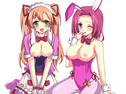Rule 34 | 2girls, animal ears, apron, bare shoulders, blue eyes, blush, bow, bowtie, breasts, rabbit ears, code geass, detached collar, fake animal ears, green eyes, headband, kouzuki kallen, large breasts, leotard, long hair, looking at viewer, medium breasts, multiple girls, nipples, one eye closed, open clothes, open mouth, orange hair, pantyhose, partially undressed, playboy bunny, red hair, rori (lovesick bomb), shirley fenette, short hair, smile, thighhighs, twintails, wrist cuffs