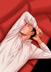 Rule 34 | 1boy, arm on own head, brown hair, closed eyes, collared shirt, couch, expressionless, from above, haikyuu!!, highres, lying, male focus, on back, on couch, pon kan, sawamura daichi, shirt, short hair, solo, white shirt
