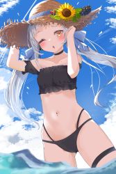 Rule 34 | 1girl, absurdres, alternate costume, alternate hairstyle, arm up, bikini, black bikini, black choker, blue sky, blunt bangs, blurry, blurry foreground, blush, bow, breasts, choker, cloud, cloudy sky, collarbone, commentary request, cowboy shot, eyelashes, fang, flower, frilled bikini, frills, gluteal fold, hair bow, hair ribbon, hand up, hat, hat flower, highres, hololive, long hair, looking at viewer, murasaki shion, nail polish, navel, navel piercing, off-shoulder bikini, off shoulder, one eye closed, open mouth, orange eyes, outdoors, piercing, ribbon, shadow, shiny skin, short eyebrows, sidelocks, silver hair, skindentation, sky, small breasts, solo, standing, straw hat, sunflower, swimsuit, thigh strap, thighs, twintails, virtual youtuber, wading, youyoukai