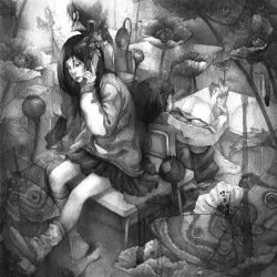 Rule 34 | 3girls, black hair, bug, cellphone, cigarette, flower, greyscale, highres, insect, monochrome, moth, multiple girls, on the phone, original, painting (medium), phone, school uniform, shoe dangle, shoes, shuka (taupe), single shoe, sitting, socks, sweater, traditional media, twintails, watercolor (medium)