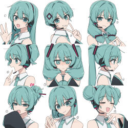 Rule 34 | 1girl, absurdres, alternate hair length, alternate hairstyle, aqua eyes, aqua hair, aqua necktie, bare shoulders, black sleeves, blunt bangs, blush, bob cut, channel ( caststation), closed eyes, commentary, costume chart, detached sleeves, double bun, embarrassed, english commentary, from side, hair bun, hair ornament, hand on own chest, hatsune miku, headset, highres, holding own hair, index fingers together, long hair, looking at viewer, low twintails, medium hair, multiple views, necktie, open mouth, pointing, pointing at self, portrait, shirt, short hair, single hair bun, sleeveless, sleeveless shirt, sleeves past fingers, sleeves past wrists, smile, solo, squinting, steepled fingers, twintails, upper body, v, vocaloid, white background, white shirt