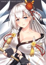 Rule 34 | 1girl, azur lane, blue eyes, blush, breasts, cleavage, collarbone, eyeshadow, fingerless gloves, flute, gloves, go-it, hair ornament, holding, instrument, japanese clothes, large breasts, long hair, looking at viewer, makeup, mole, mole under eye, open mouth, shoukaku (azur lane), silver hair, simple background, solo, watermark, web address, wide sleeves